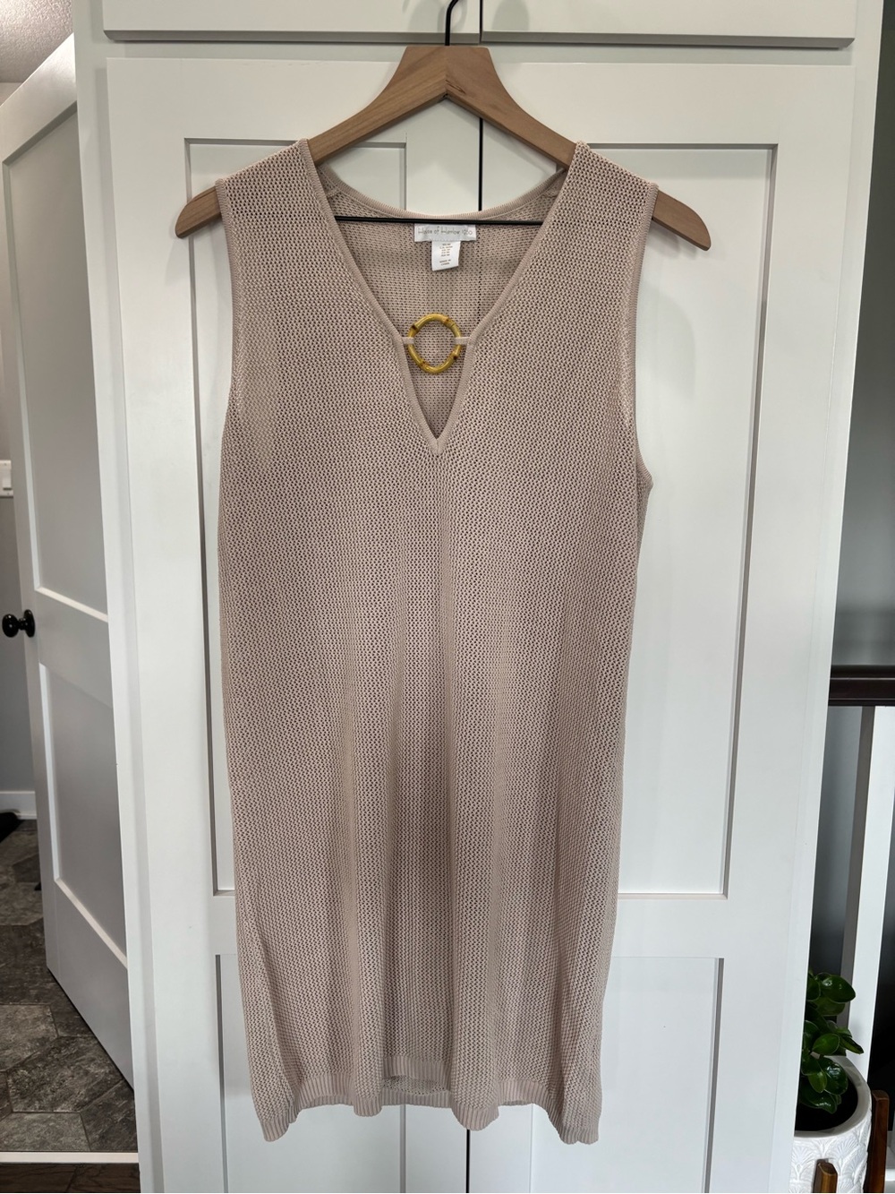 House of Harlow 1960 Beige Sleeveless Midi Knit Dress with Bamboo Ring Accent